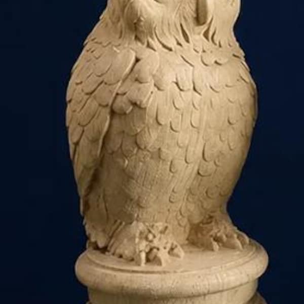 Owl Finial Newel Post Cap,  ash, on a round base with a cylinder at the bottom,  6 x 15 cm