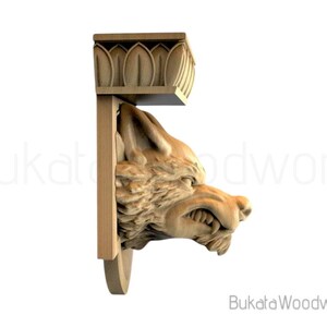 May include: A light brown wooden wolf head sculpture, with detailed fur and teeth. The sculpture is part of a bracket, with a decorative top and a rectangular support. The text "Bukat Woodwork" is visible.