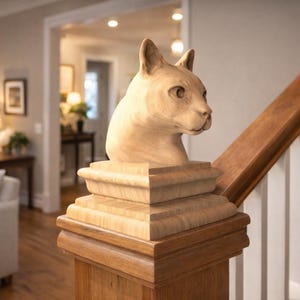 May include: A wooden cat sculpture atop a stair post. The cat's head is carved in detail, with pointed ears and a focused gaze. The post is made of light-colored wood, adding a touch of artistry to the home's interior decor.