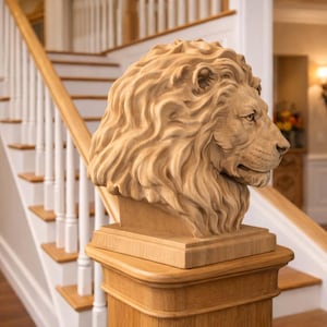 May include: A detailed wooden sculpture of a lion's head, mounted on a wooden pedestal. The lion's mane is intricately carved, and the sculpture is positioned near a staircase with white balusters and wooden handrails. The overall aesthetic is classic and elegant.