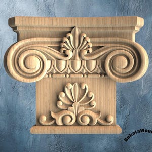 Ionic Wooden Column Capital: Carved Scrolls and Leaf Details