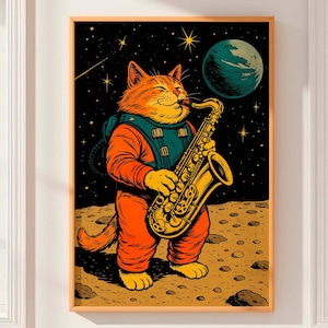 Lámina artística de saxofón de gato galáctico: decoración de pared de gato espacial caprichoso, póster de jazz surrealista, regalo para amantes de los gatos y astrónomos, arte divertido para la habitación
