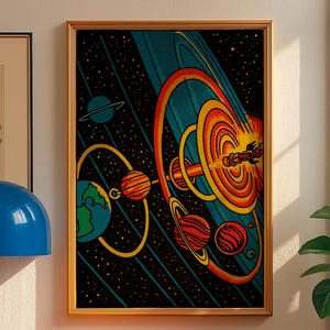 May include: A framed, colorful space-themed art print. The artwork depicts planets, rings, and a rocket ship against a starry black background. The color palette includes orange, yellow, blue, and red. The frame is gold.