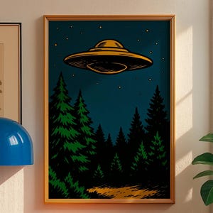 May include: A framed art print depicting a retro-style illustration of a UFO above a forest at night. The artwork has a gold frame and is displayed on a red shelf with a blue lamp and a record player.