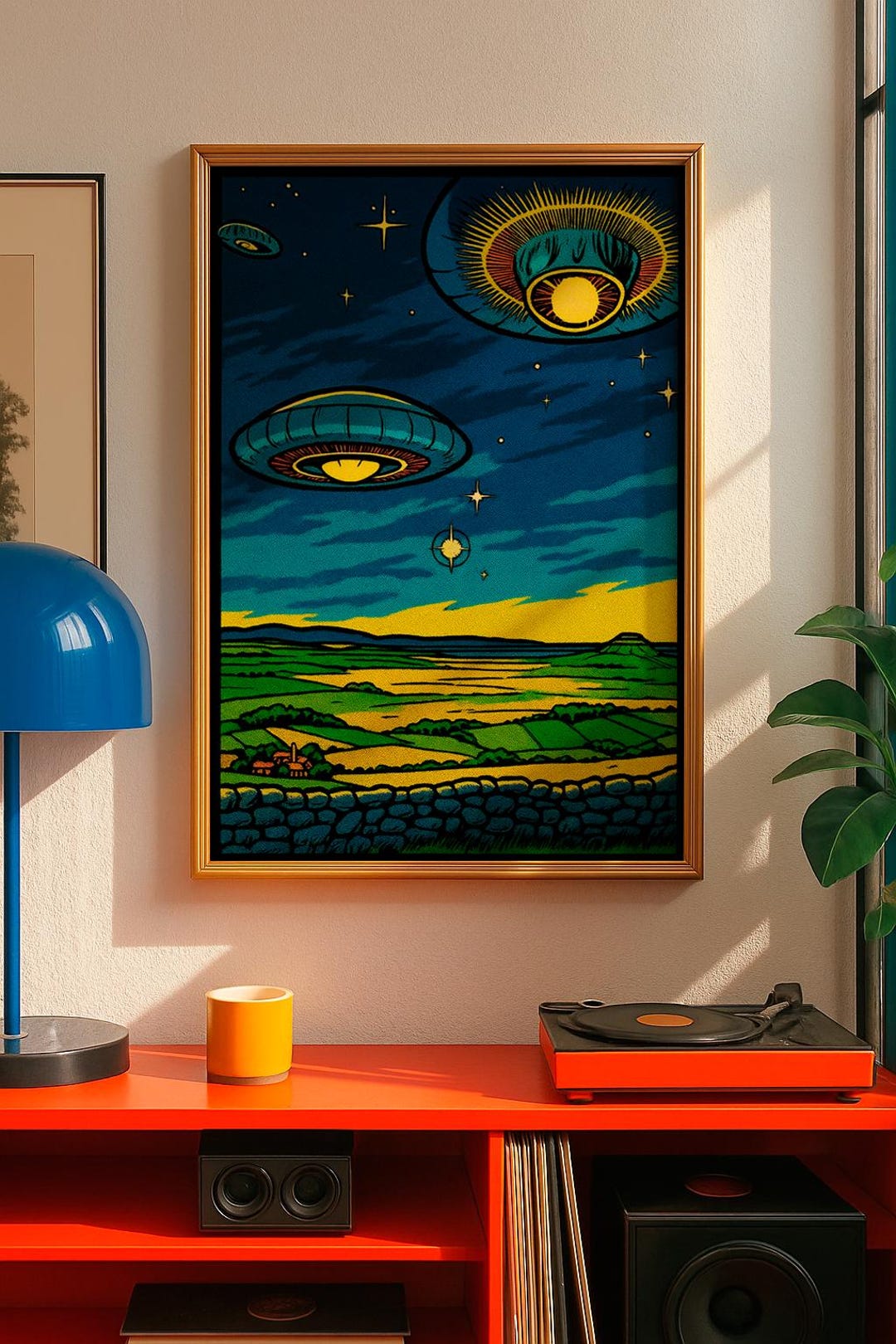 UFO Nightscape Poster | Retro Alien Invasion Over Countryside | Vintage ...
