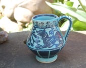 Wonderful Folk Art Rabbit, Lion, Dog Hand Painted Stylized European Medieval Yellow Wear Sewer Tiles Ceramics End of Day Crockery Mug
