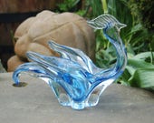 Mid Century Modern Crystal Blue Chalet Lorraine Art Glass Sculpture Figurine Bowl, Free Form Art Glass Rooster, Peacock, Bird Center Piece