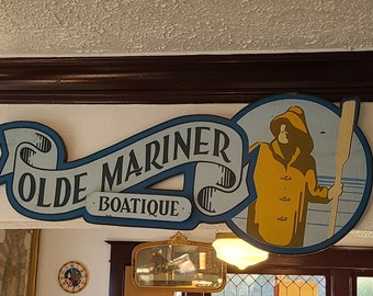 1950's Seaside "Olde Mariner Boatique" Hand Painted Folk Art Nautical Advertising Plywood Building Sign ~ Old Man and the Sea  ~ 2nd of 2
