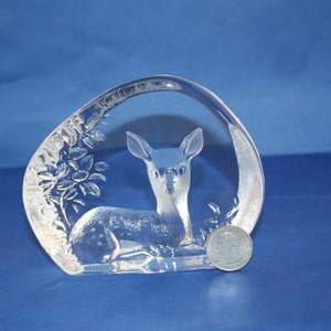 Mats Jonasson Sweden Signed Laying Down Fawn Crystal Glass Paperweight with Original Label #3283 ~ Swedish artist Mats Jonasson Crystal Fawn