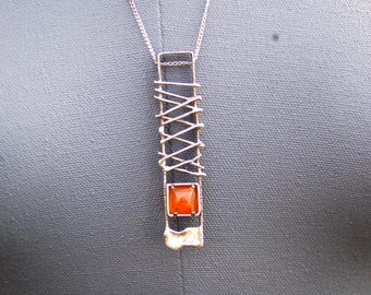 Modernist 925 Sterling Silver and Baltic Amber 2 3/4" long Sculptural Wire-Wrapped Pendant Necklace w Sterling Chain