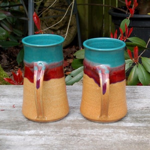 Pair 2 Walt Glass 1943-2016 Studio Art Pottery Rare 44 oz. Tankard, Stein, Giant Mug Texas Sunset Drip Glaze Teal, Magenta, Sand 3 image 3