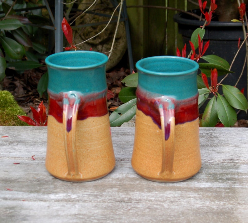 Pair 2 Walt Glass 1943-2016 Studio Art Pottery Rare 44 oz. Tankard, Stein, Giant Mug Texas Sunset Drip Glaze Teal, Magenta, Sand 3 image 3