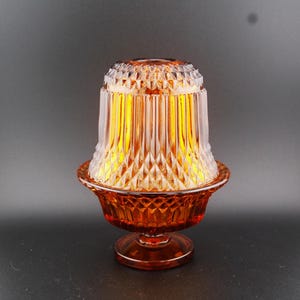 Vtg EUC Indiana Glass Amber Flared Base Diamond Point 2 pc Pedestal Fairy Lamp, Indiana Glass Amber Diamond Point Fairy Lights, Meditation