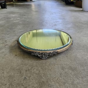 Antique Art Nouveau Ornate Stylized Floral Footed Vanity Perfume Tray with a Ribbed Beveled Glass Mirror