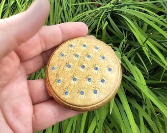 Vintage Elizabeth Arden Gold-Tone Finish with Blue Rhinestones Encrusted Mirror Power Round Clasp Compact ~ Made in Switzerland