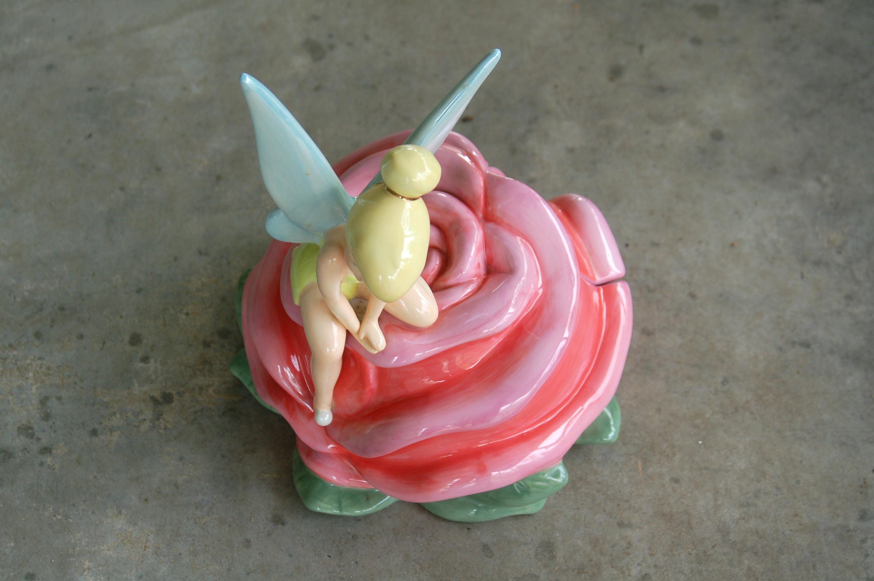 HTF Disney Parks Tinkerbell on a Rose Ceramic Cookie Jar, RARE