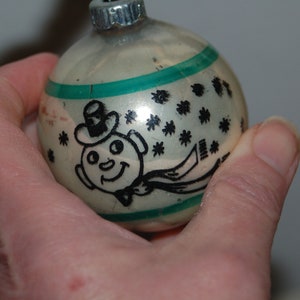 Vintage Shiny Brite Mercury Glass White, Green & Black Stenciled Snowman Christmas Ornament EUC One Stenciled Christmas Ornaments 1950's image 5