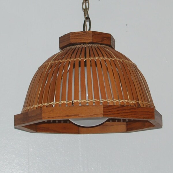 Mid Century, South Sea's, Natural Bamboo Slatted Shade w/ Oak Framing Surrounding a White Glass Globe Pendant Lamp by Backer MFG. Co. Calif.