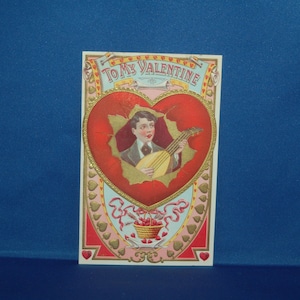 1908 "To My Valentine" Carte postale avec style de film muet Rudolph Valentino Chantant tout en jouant un Dulcimer éclatant d'un coeur rouge rubis
