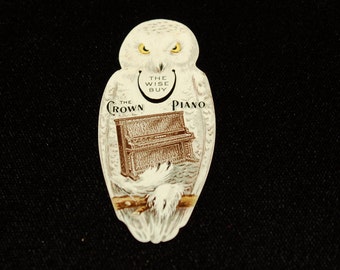 Rare Early 1900's Crown Piano of Chicago Figural White Snowy Owl Celluloid "The Wise Buy" Trademark Advertising Bookmark ~ Excellent