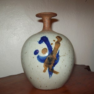 Ralph Lodewick Art Studio Weed Pot Glazed Stoneware with two sided abstract Cobalt and Honey decorations Master Oregon Potter image 2
