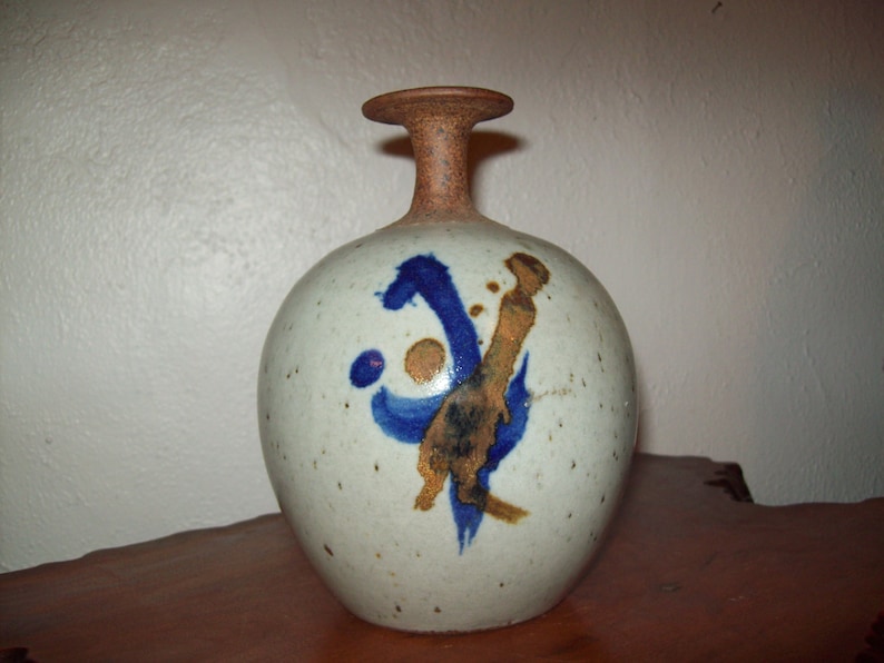 Ralph Lodewick Art Studio Weed Pot Glazed Stoneware with two sided abstract Cobalt and Honey decorations Master Oregon Potter image 2