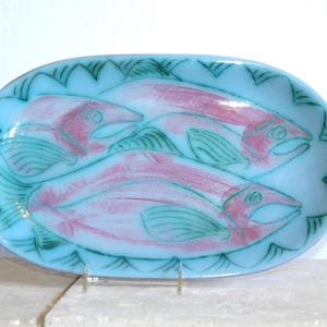 Alaskan Potters Toni & Kirby Maury Halibut Cove Alaska, 16" Salmon Fish Platter with a Robin's Egg Blue Glass Style Glaze ~ Very Good