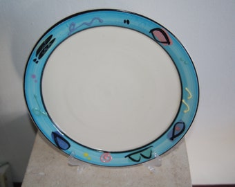 Debra Klausner Postmodern Art Pottery 11" Robin Egg Blue Geometric Textured Frame Dinner Plate ~Klausner Colorful 11" Porcelain Dinner Plate