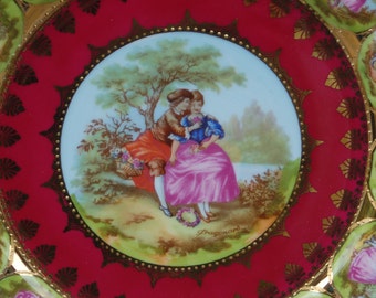 STW Bavaria Germany ~Fragonard ~ Rococo Style Courting Couples ~ Gold Embellished w/ Dark Pink Porcelain Portrait Plate/ Cabinet Plate