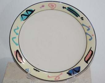 Debra Klausner Postmodern Art Pottery 11" Yellow Geometric Textured Frame Dinner Plate ~ Klausner Colorful 11" Porcelain Dinner Plate ~ EUC