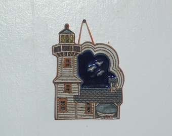 NW Artist Victoria Littlejohn Lighthouse Nautical  Seaside EUC Wall Plaque / Trivet Mid Century Studio Pottery with Cork back & Artist stamp
