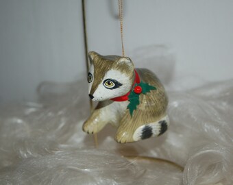 3" tall Paper Mache cute Raccoon Ornament ~ Vintage Christmas Papier Paper Mache Figural Raccoon Ornament with Ribbon and Felt Holly Collar