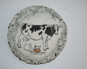 Crying Over Spilled Milk or The Cow Won by Pacific NW Artist Stan Langtwait, Shapes of Clay Mt. St. Helen Ash Garden / Wall Plaque ~ VG