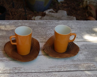 Pair of Kenji Fujita for Freeman Lederman Golden White Tall Espresso Cups and Palowina Wood Triangular Saucers w One Paper Label ~ Excellent