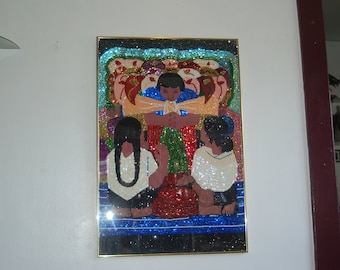 Haitian Sequin Art interpretation of Diego Rivera 1936's Painting "Flower Festival" Beaded on Cloth ~ Haiti Vodou Style Sequin & Bead Art
