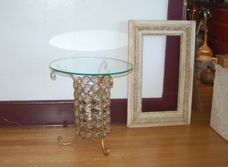 Banci Firenze Hollywood Regency Italian Unique Illuminated Glass Topped Table w/ Gilt Metal & Crystal Prisms 60s Rare Italy Lead Crystal image 3