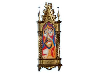 Original French Cubism Jesus Christ Icon, early 20th century, mid/late 19th century Italian Renaissance Gothic Gold Leaf Cathedral Frame