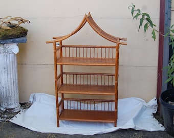 Vintage / Mid Century Oriental Asian Bamboo Rattan Bookcase Pagoda Etegere w Three Wood Shelves Unique Bookcase in Good Vintage Condition