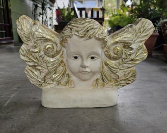 Antique Plaster Cherub Corbel Sconce Shelf with Inset Glass Eyes, Vtg Chalkware Angel Wall Bracket, Gilded Gold Leaf Baroque Pedestal Art