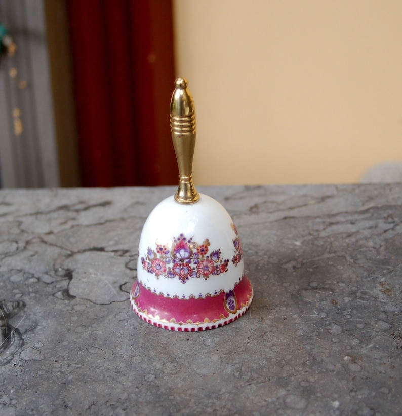 Steinbock Email Austria Floral w/ Gold Highlights Dinner Bell marked w/ Gold Handle Steinbock Austria Porcelain Enamel Floral & Gold Bell image 1