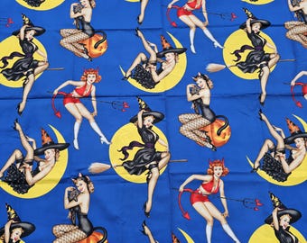 Vintage Alexander Henry "Bewitched" 2004 Fabric Blue Halloween Pinup Witches 1 Yard OOP Cotton