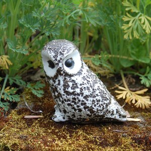 Puede incluir: Una figurita de búho de cerámica con pintura moteada blanca y marrón. El búho está sentado en un lecho de musgo.