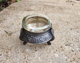 Vintage Russian Ommet German Silver and Glass Ornate Three Legged Salt Cellar / Podstakannik