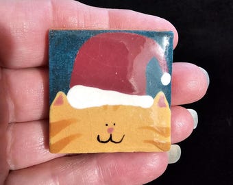 Vintage Marblehead Tileworks Christmas Orange Tabby Cat in a Santa Hat Brooch Pin