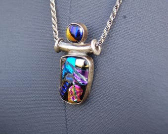 Modernist, Artisan, 2" Dichroic Glass Sterling Silver Pendant Necklace with Sterling Silver Popcorn Chain
