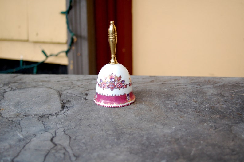 Steinbock Email Austria Floral w/ Gold Highlights Dinner Bell marked w/ Gold Handle Steinbock Austria Porcelain Enamel Floral & Gold Bell image 2