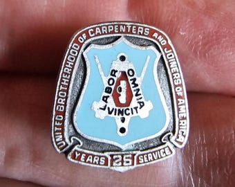 Vintage United Brotherhood of Carpenters 25 Year Service Pin, Enamel Union Lapel Pin, Labor Omnia Vincit Tie Tack, Brotherhood Memorabilia
