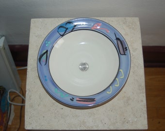 Debra Klausner Postmodern Art Pottery 9" Purple Blue Geometric Textured Frame Large Salad / Soup Bowl ~ Klausner Colorful 9" Porcelain Bowl
