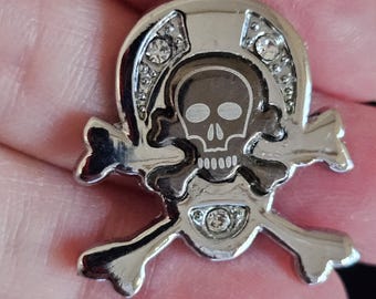 Vintage Gothic Skull and Crossbones Pendant - Black Enamel & Rhinestone Pirate Charm, Edgy Silver-Tone Biker Unisex Necklace Pendant Only