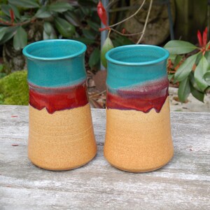 Pair 2 Walt Glass 1943-2016 Studio Art Pottery Rare 44 oz. Tankard, Stein, Giant Mug Texas Sunset Drip Glaze Teal, Magenta, Sand 3 image 6